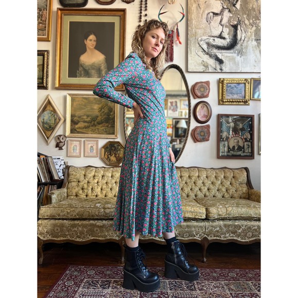Vintage Blue Floral All over Print Long Sleeve Maxi Dress Size Small - Picture 5 of 9